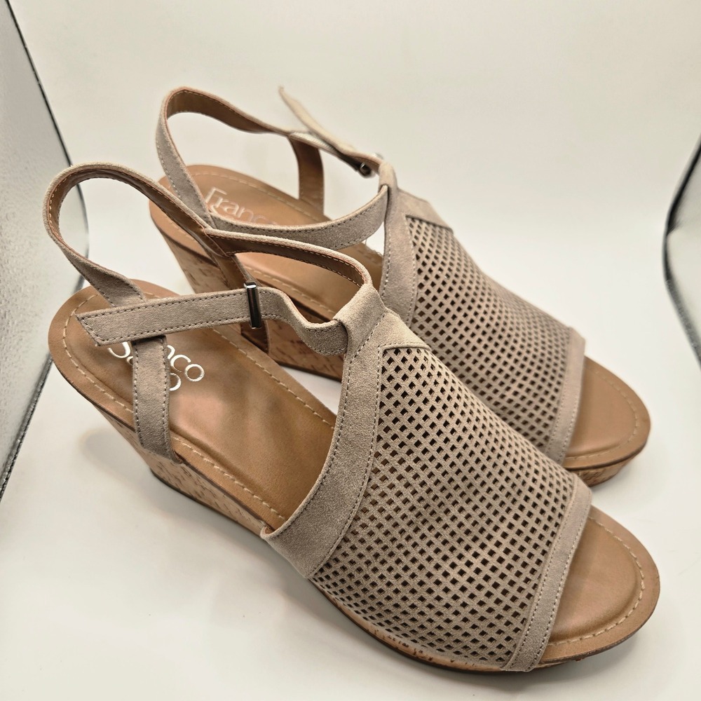 Franco Sarto Wedge heel Women 11M Taupe Good Perforated Cork Heel 5 inch Strappy - Picture 8 of 11